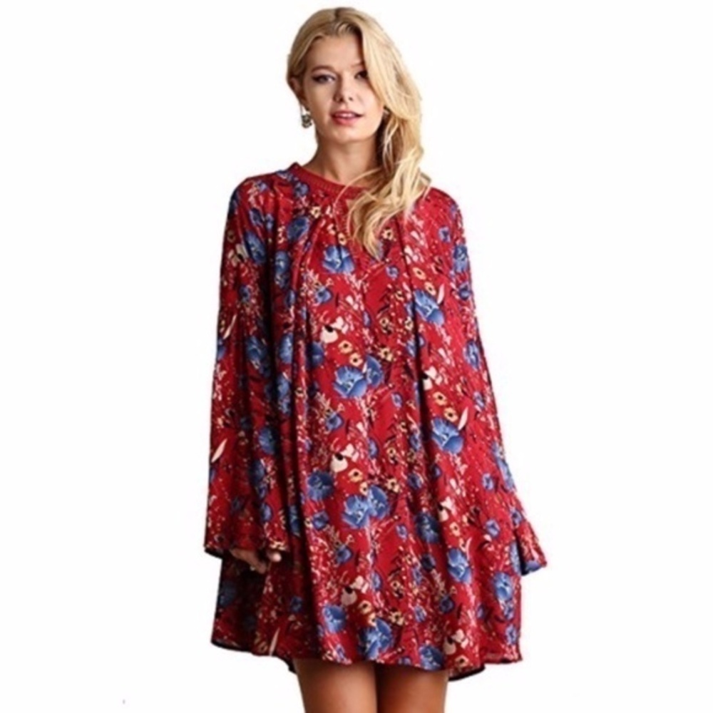 Umgee Red Floral Keyhole Bell Sleeve Tunic Dress M